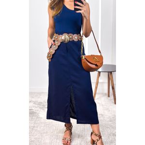 Saia Linho Midi com Fenda - Azul Marinho