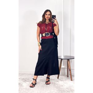Saia Linho Midi com Fenda - Preto