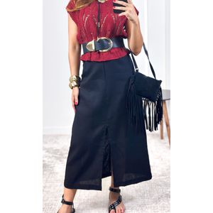 Saia Linho Midi com Fenda - Preto