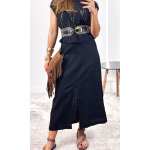 Saia Linho Midi com Fenda - Preto
