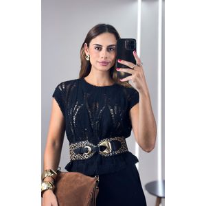 Saia Linho Midi com Fenda - Preto