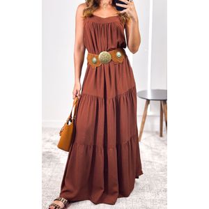 Vestido Longo Maquinetado com Alça - Caramelo