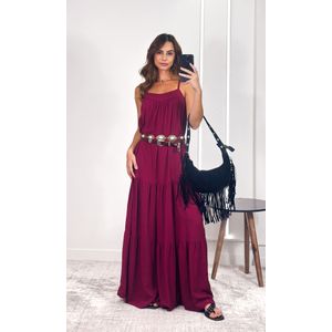 Vestido Longo Maquinetado com Alça - Vinho