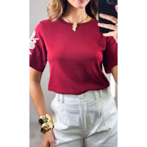 Camiseta Malha Manga Crochê - Bordô