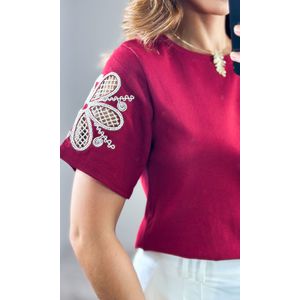 Camiseta Malha Manga Crochê - Bordô