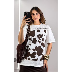 Camiseta Texas Cow Print - Off/Marrom