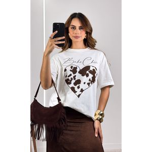Camiseta Boho Chic Cow Print - Off/Marrom