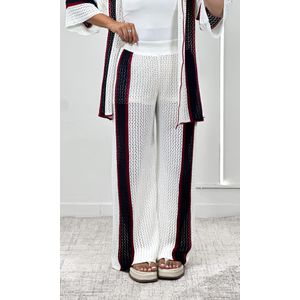 Conjunto Tricolor Crochê Camisa e Calça - Off/Azul/Vermelho