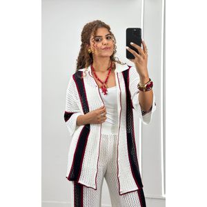 Conjunto Tricolor Crochê Camisa e Calça - Off/Azul/Vermelho