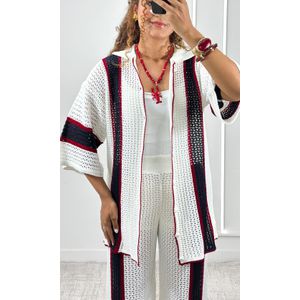 Conjunto Tricolor Crochê Camisa e Calça - Off/Azul/Vermelho