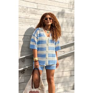 Conjunto Bicolor Crochê Camisa e Short - Off/Azul