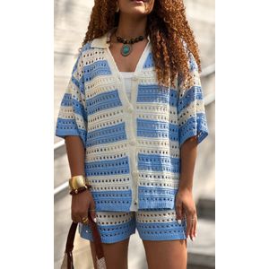 Conjunto Bicolor Crochê Camisa e Short - Off/Azul