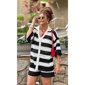 Conjunto Bicolor Crochê Camisa e Short - Off/Preto
