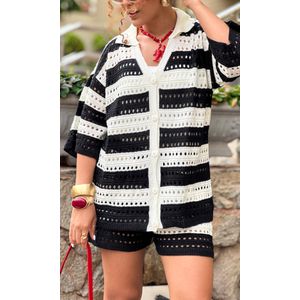 Conjunto Bicolor Crochê Camisa e Short - Off/Preto