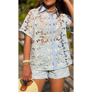 Conjunto Crochê Floral Camisa e Short - Azul