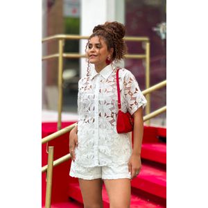 Conjunto Crochê Floral Camisa e Short - Branco