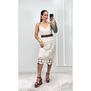 Vestido Evasê Crochê - Bege