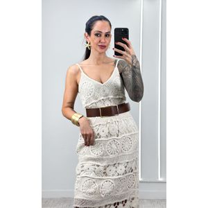 Vestido Evasê Crochê - Bege
