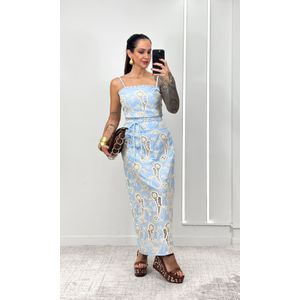 Conjunto Crochê Paisley Cropped e Saia - Azul