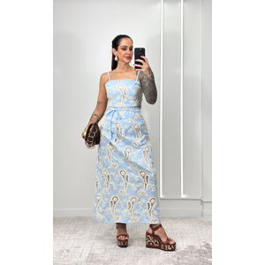 Conjunto Crochê Paisley Cropped e Saia - Azul