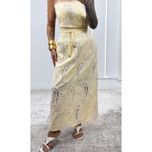 Conjunto Crochê Paisley Cropped e Saia - Amarelo