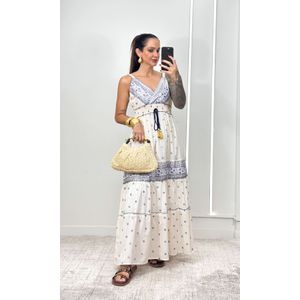 Vestido Indiano Decote V - Off/Azul Escuro