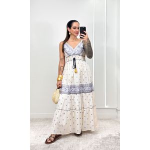 Vestido Indiano Decote V - Off/Azul Escuro
