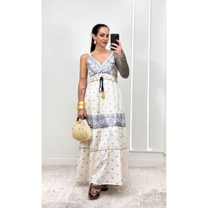Vestido Indiano Decote V - Off/Azul Escuro
