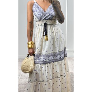 Vestido Indiano Decote V - Off/Azul Escuro