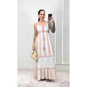 Vestido Indiano Decote V - Off/Rosa