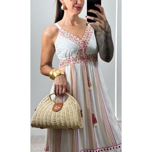 Vestido Indiano Decote V - Off/Rosa