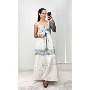 Vestido Indiano Decote V - Off/Azul