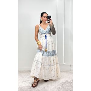 Vestido Indiano Decote V - Off/Azul