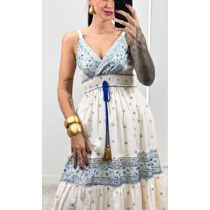 Vestido Indiano Decote V - Off/Azul
