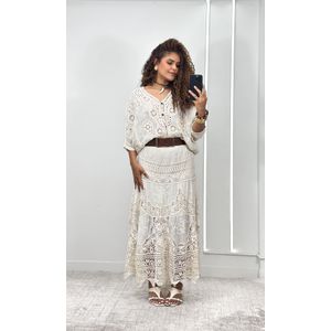 Saia Midi Godê em Laise com Crochê - Bege