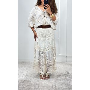 Saia Midi Godê em Laise com Crochê - Bege