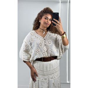 Saia Midi Godê em Laise com Crochê - Bege