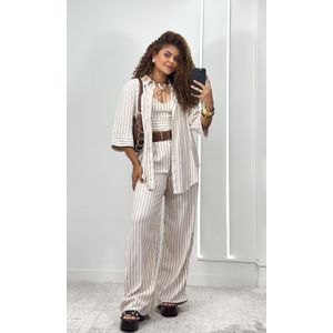 Conjunto Listrado Camisa, Cropped, Calça - Bege/Cru