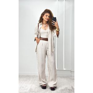 Conjunto Listrado Camisa, Cropped, Calça - Bege/Cru