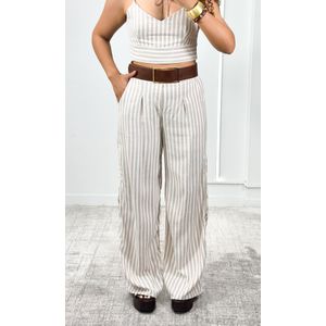 Conjunto Listrado Camisa, Cropped, Calça - Bege/Cru
