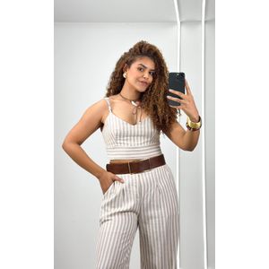 Conjunto Listrado Camisa, Cropped, Calça - Bege/Cru