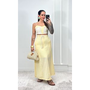 Conjunto Cropped Crochê e Saia Evasê - Amarelo