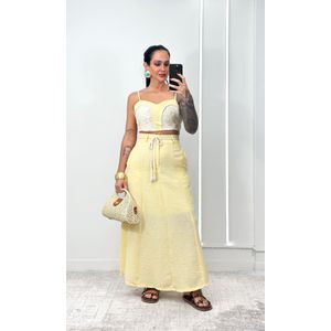 Conjunto Cropped Crochê e Saia Evasê - Amarelo