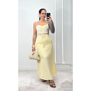 Conjunto Cropped Crochê e Saia Evasê - Amarelo