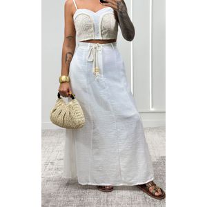 Conjunto Cropped Crochê e Saia Evasê - Branco