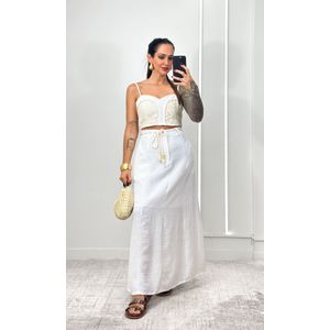 Conjunto Cropped Crochê e Saia Evasê - Branco