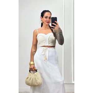 Conjunto Cropped Crochê e Saia Evasê - Branco