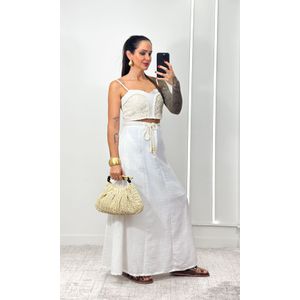 Conjunto Cropped Crochê e Saia Evasê - Branco