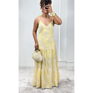 Vestido Decote V Bordado Crochê - Amarelo