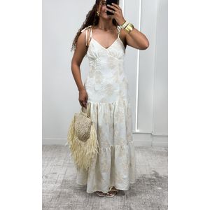 Vestido Decote V Bordado Crochê - Off